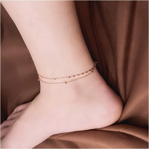 RoseGold Ankle Bracelets for Women - Adjustable Layered Anklets - RoseGold Plate - Picture 3 of 8